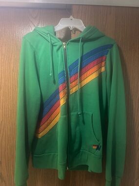Aviator Nation Green Zip Hoodie with Rainbow Stripes